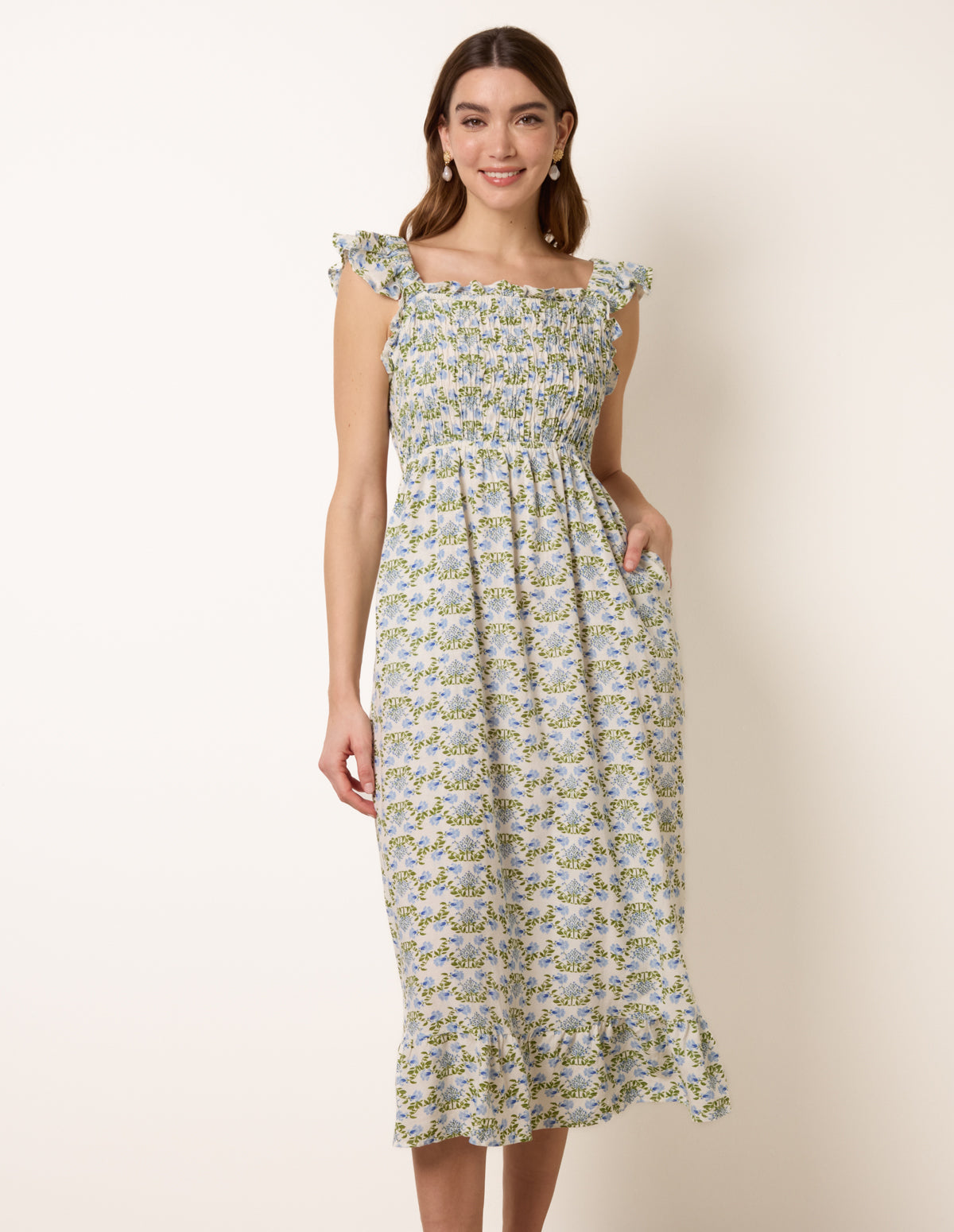 Floral & Frill Shirred Bodice Midi Dress