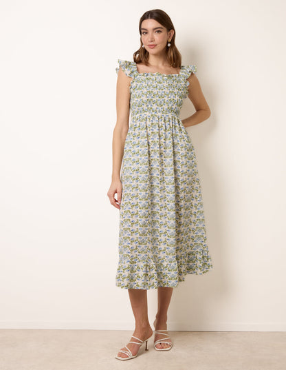 Floral & Frill Shirred Bodice Midi Dress