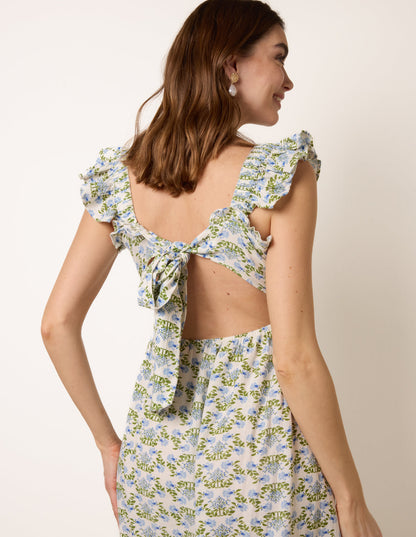 Floral & Frill Shirred Bodice Midi Dress