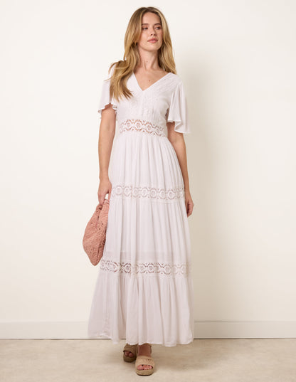 V-Neck Tiered Crochet Detail Maxi Dress