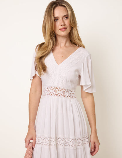 V-Neck Tiered Crochet Detail Maxi Dress