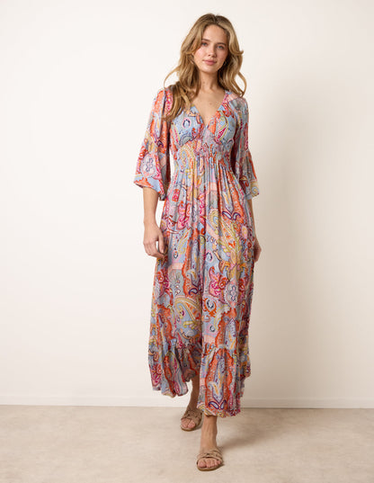 Paisley Print V Neck Maxi Dress