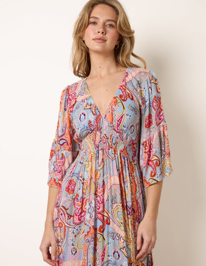 Paisley Print V Neck Maxi Dress