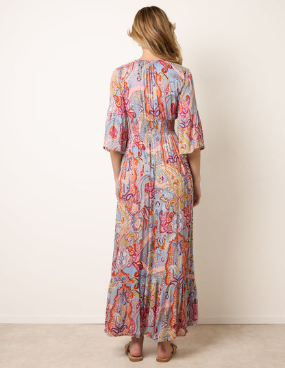 Paisley Print V Neck Maxi Dress