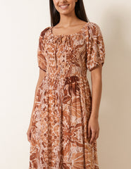 Tie Front Shirred Midi Dress