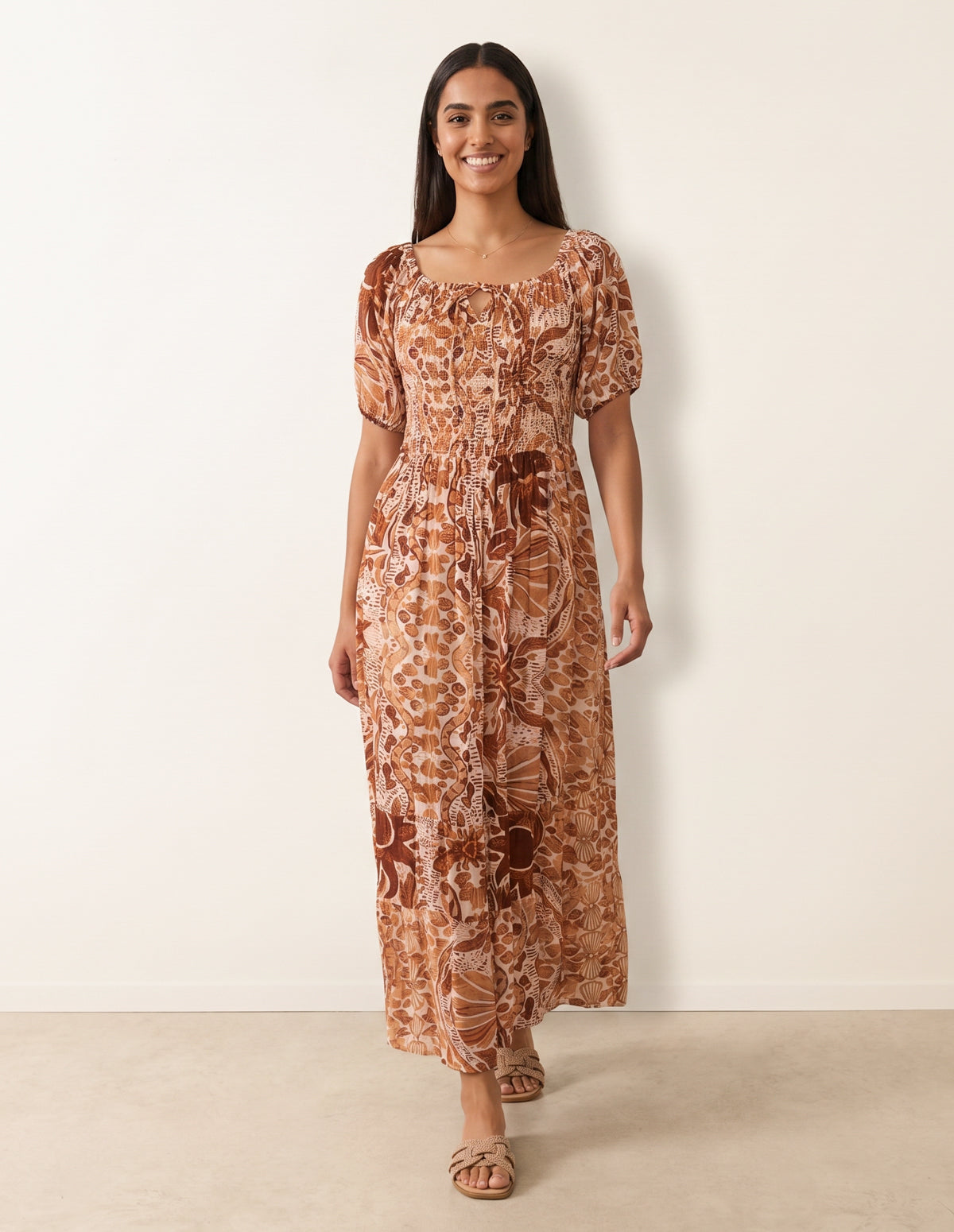 Tie Front Shirred Midi Dress