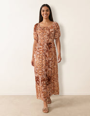 Tie Front Shirred Midi Dress
