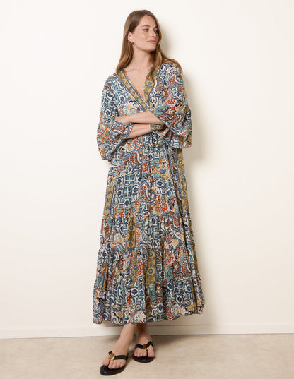 Wrap Over Tiered Art Silk Dress