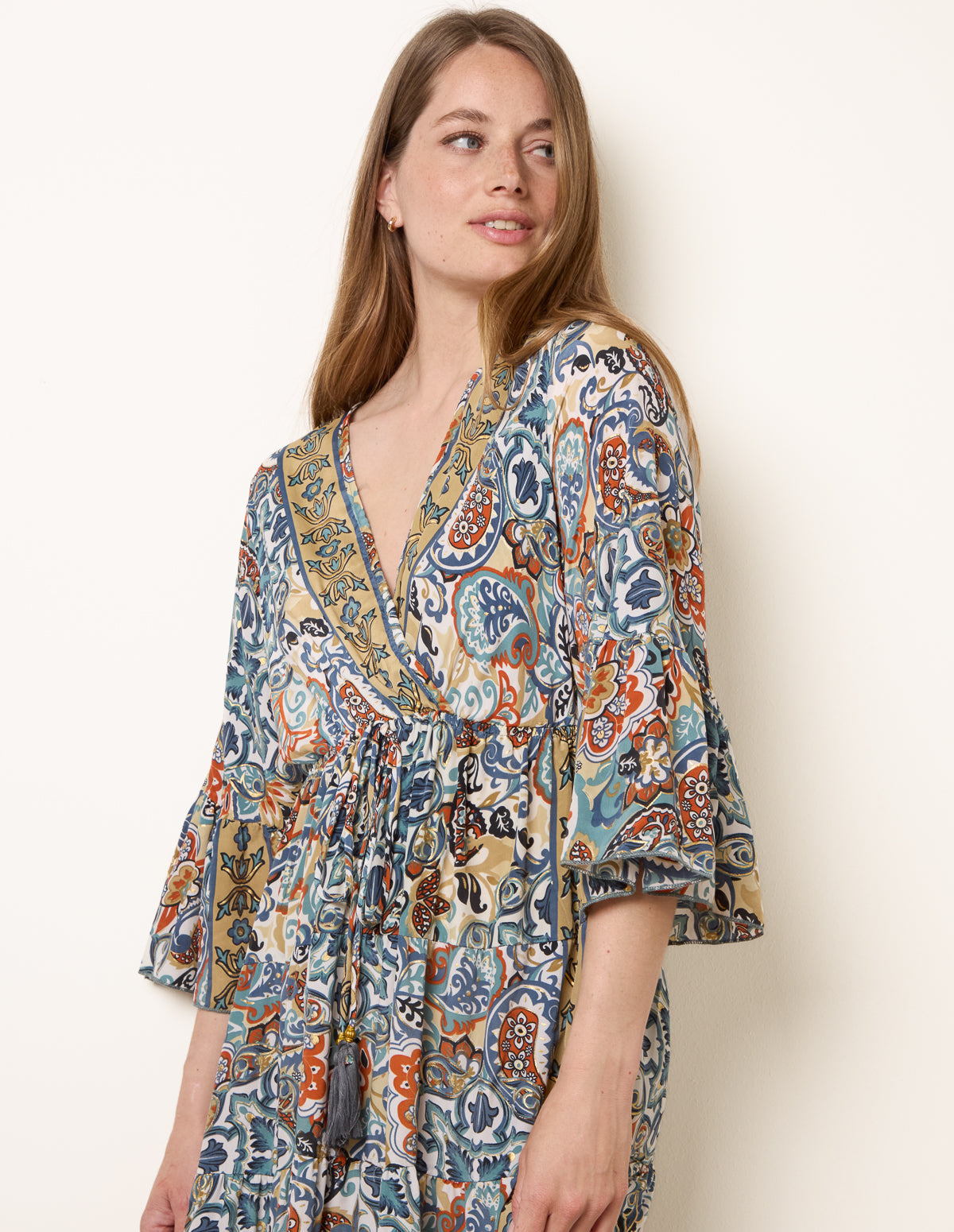 Wrap Over Tiered Art Silk Dress