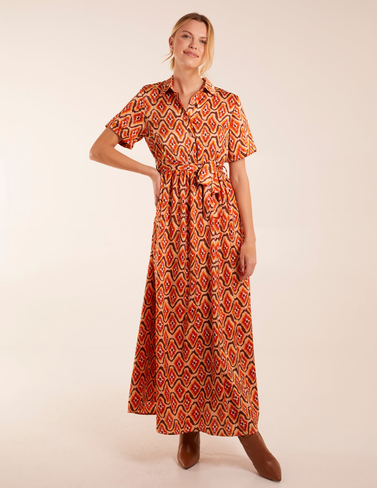 Geometric Belted Maxi Shirt Dress