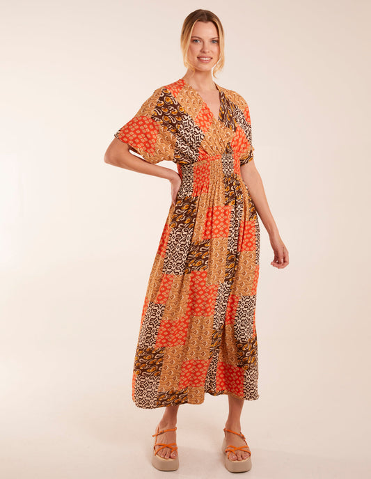 Abstract Patchwork Pattern V Neck Maxi Dress