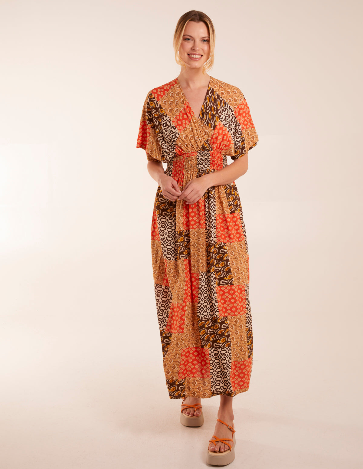 Abstract Patchwork Pattern V Neck Maxi Dress