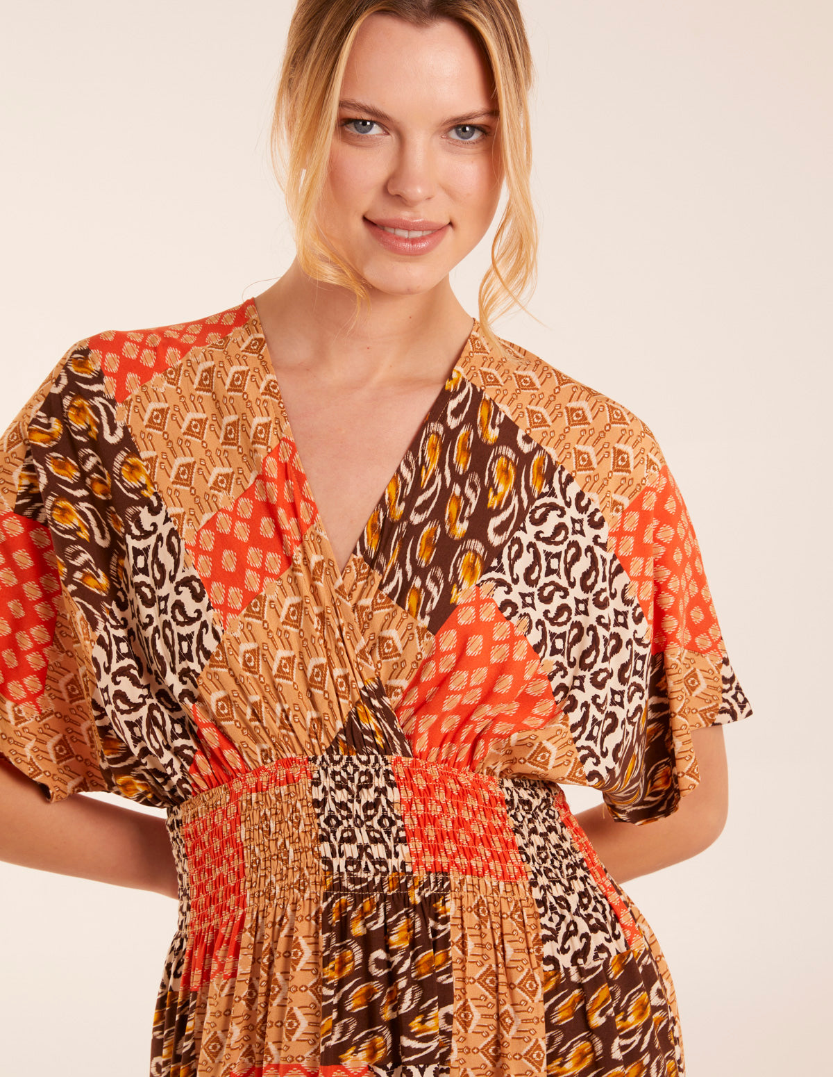 Abstract Patchwork Pattern V Neck Maxi Dress