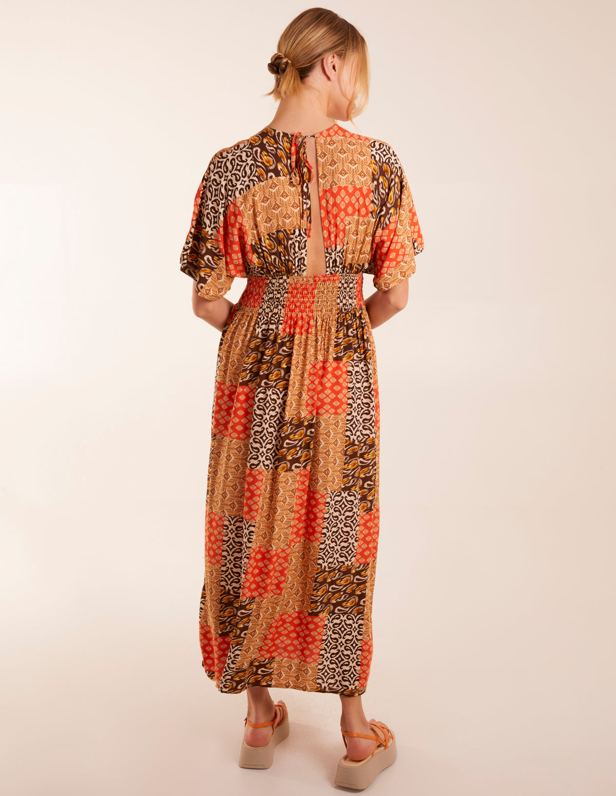 Abstract Patchwork Pattern V Neck Maxi Dress