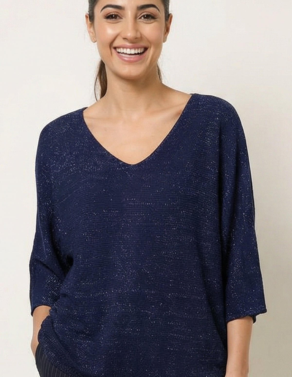 Metallic V Neck Knitted Ripple Jumper