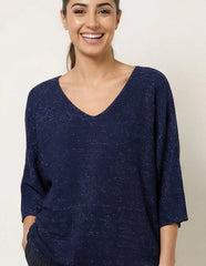 Metallic V Neck Knitted Ripple Jumper