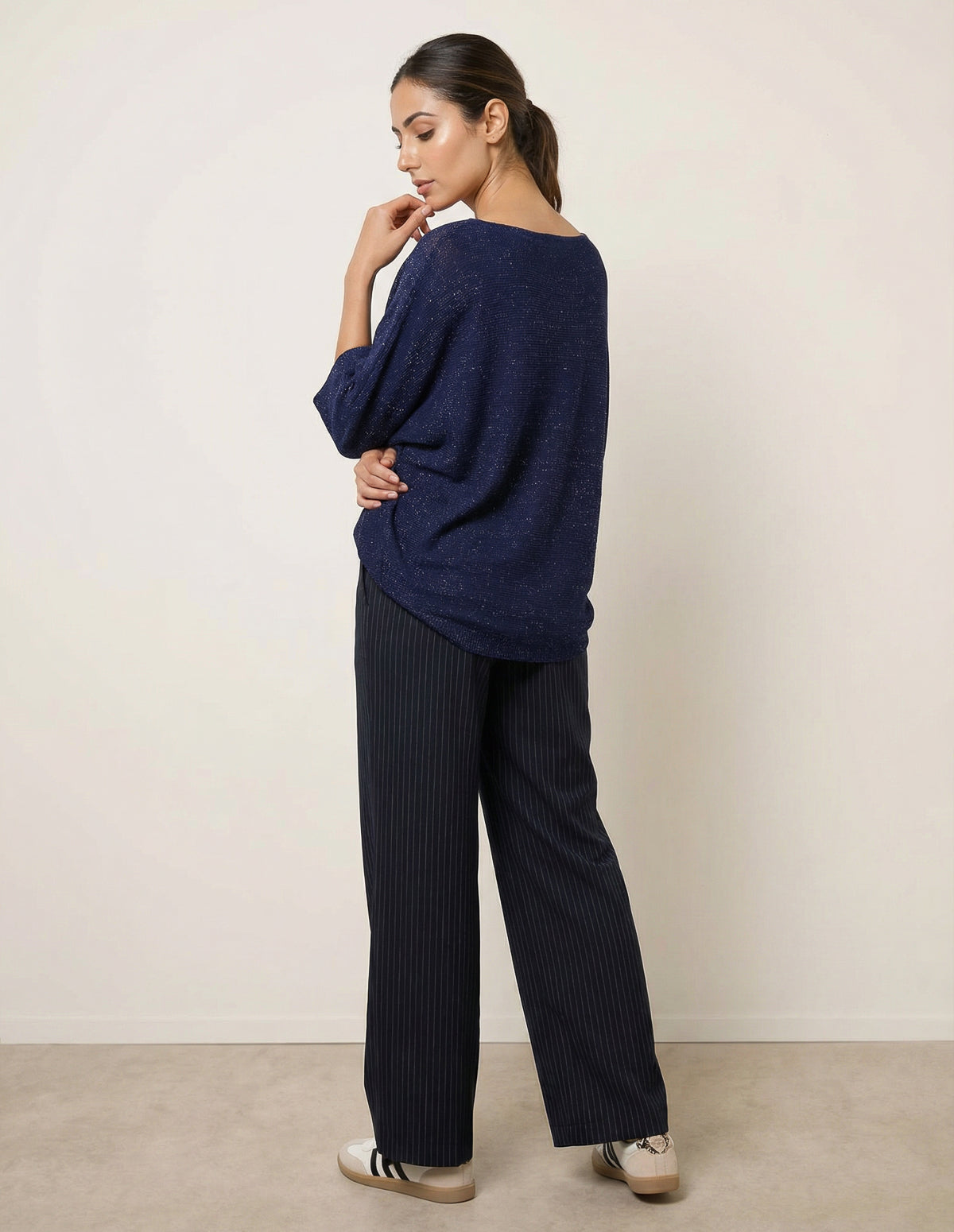 Metallic V Neck Knitted Ripple Jumper