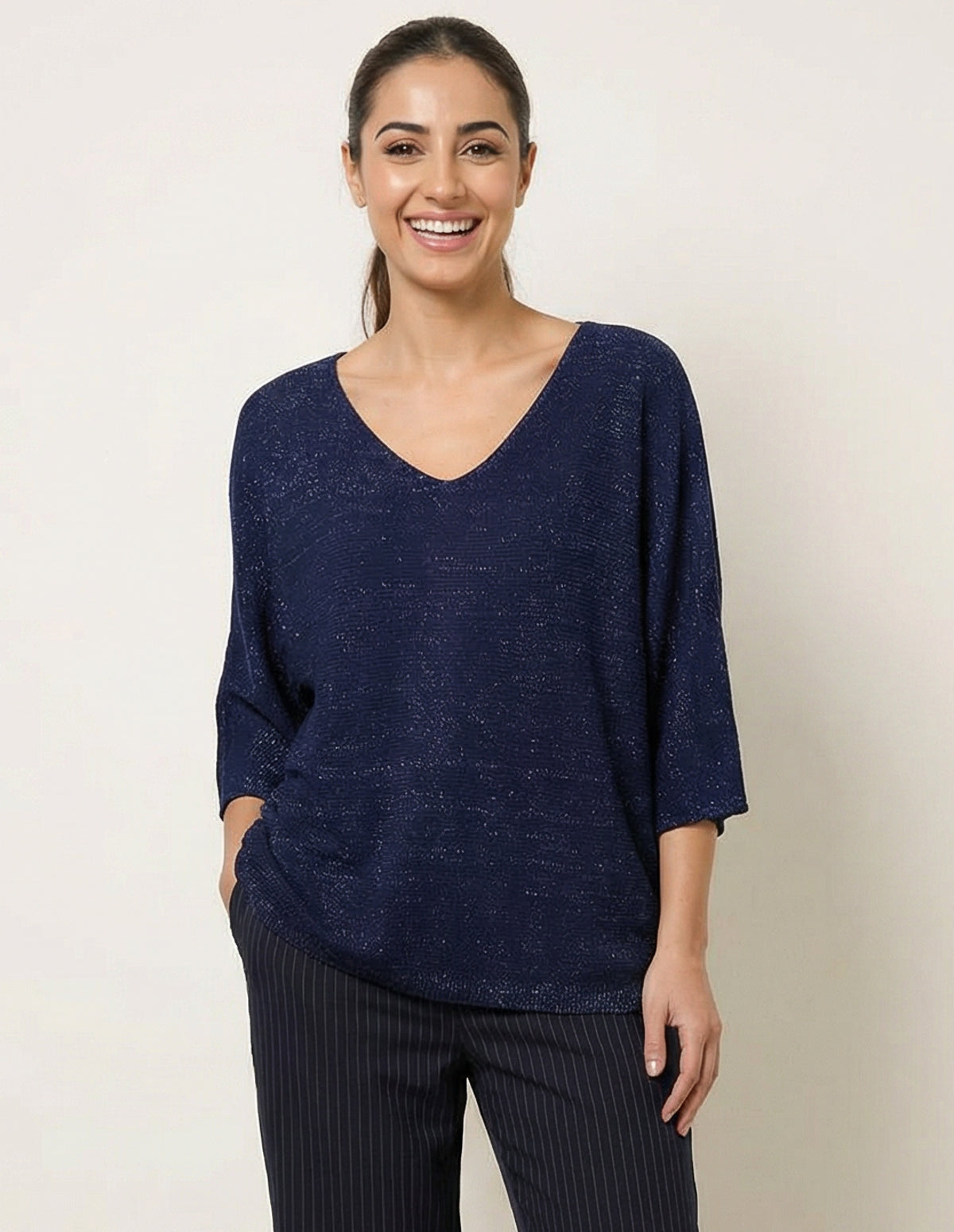 Metallic V Neck Knitted Ripple Jumper