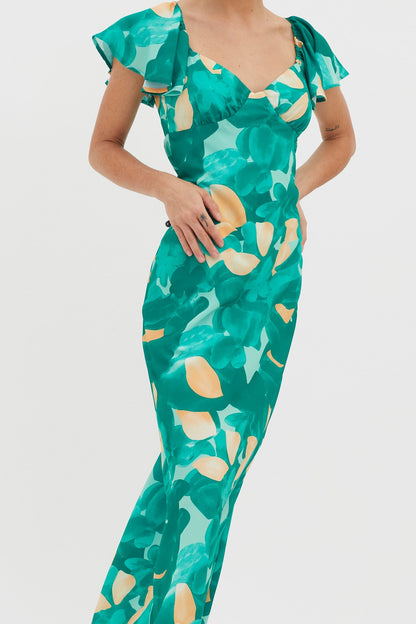 Park Avenue Flutter Sleeve Midi Dress Abstract Green