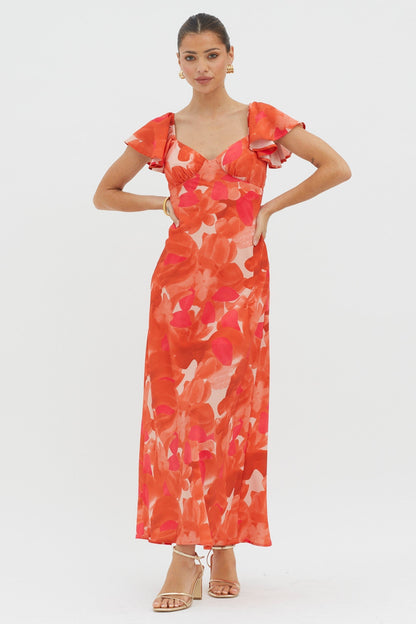 Park Avenue Flutter Sleeve Midi Dress Abstract Orange