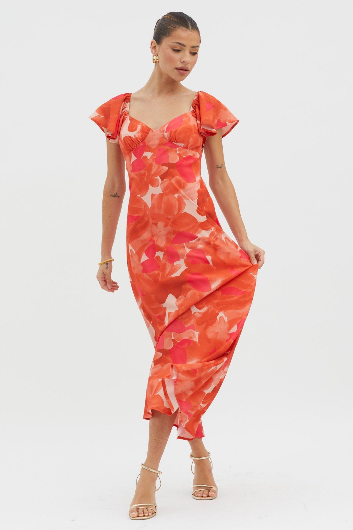 Park Avenue Flutter Sleeve Midi Dress Abstract Orange