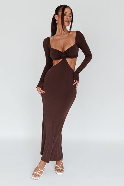Vienna Long Sleeve Cut-Out Waist Maxi Dress Chocolate