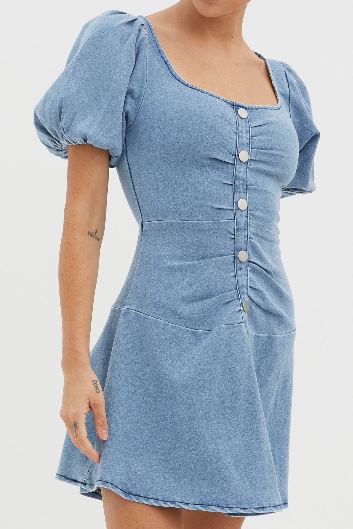 New Heights Puff Sleeve Mini Dress Denim Blue