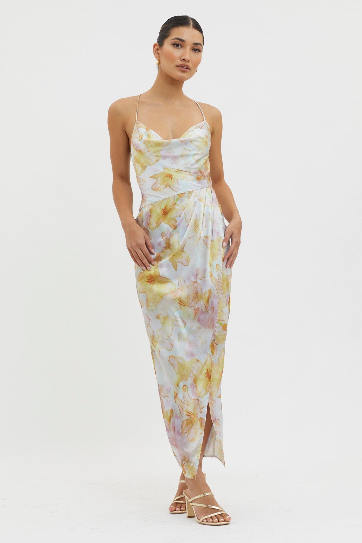 Erryn Tied Back Split Midi Dress Yellow