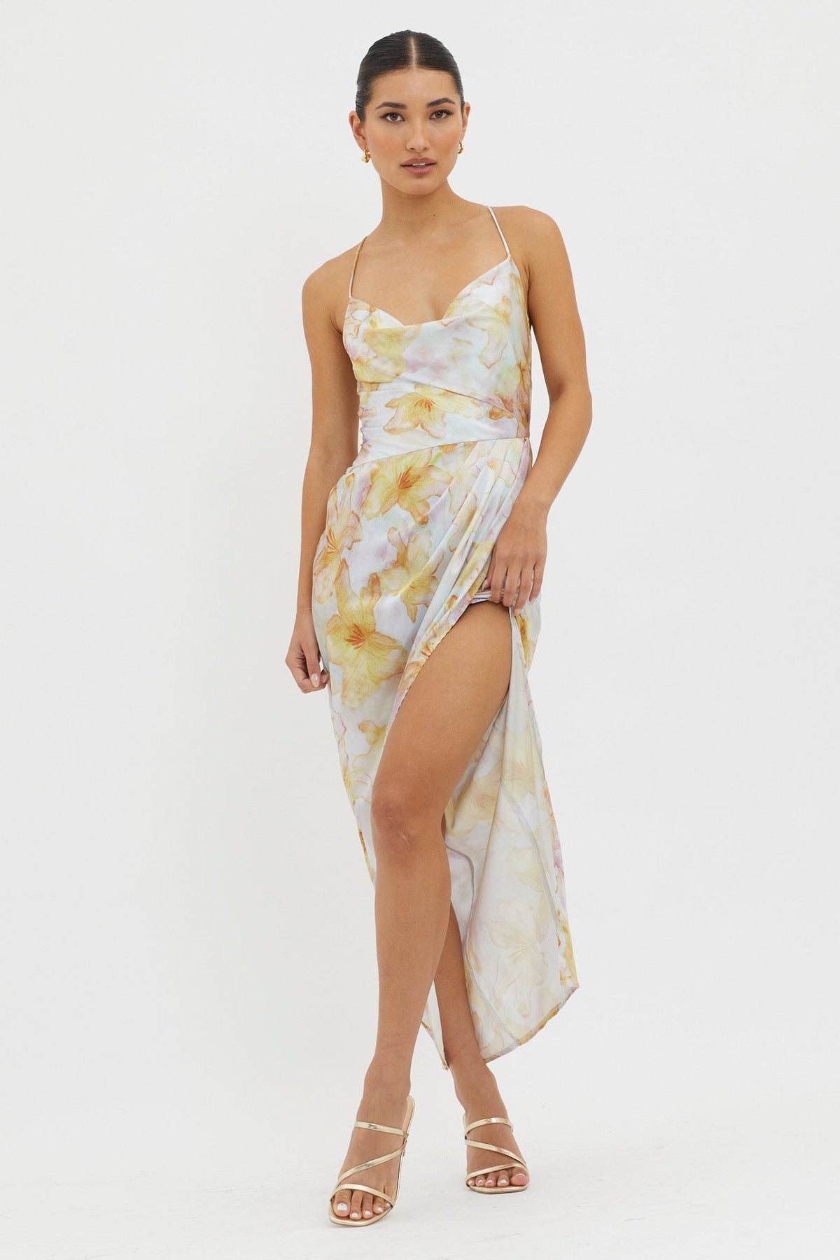 Erryn Tied Back Split Midi Dress Yellow