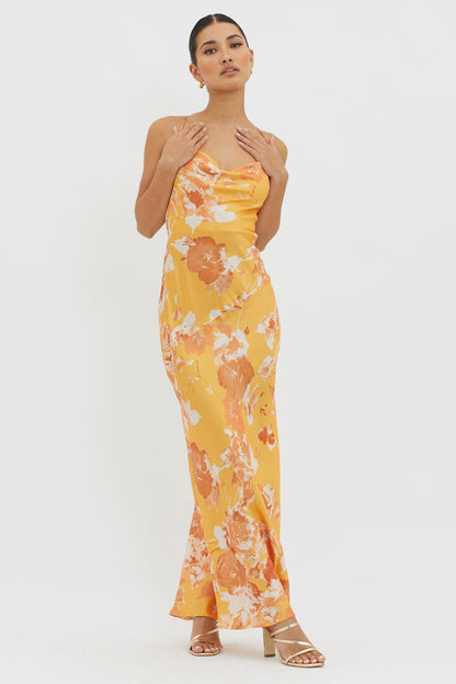 Dream Walk Cowl Back Tied Dress Print Orange