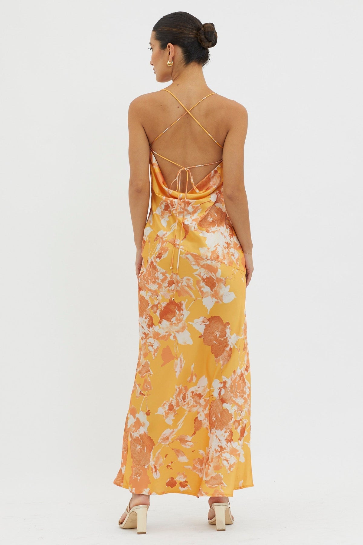 Dream Walk Cowl Back Tied Dress Print Orange