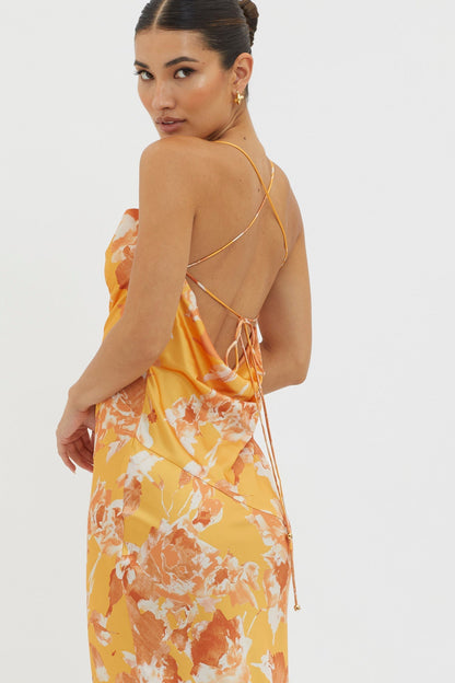 Dream Walk Cowl Back Tied Dress Print Orange