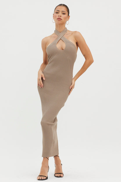 Lovelock Halterneck Ribbed Knit Midi Dress Latte