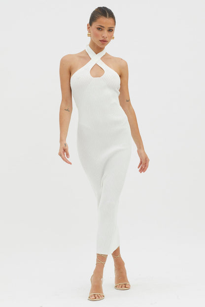 Lovelock Halterneck Ribbed Knit Midi Dress White