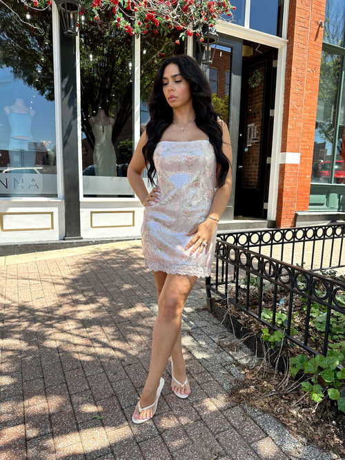 Cecelia Blush Floral Sequin Mini Dress