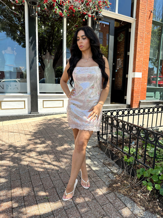 Cecelia Blush Floral Sequin Mini Dress