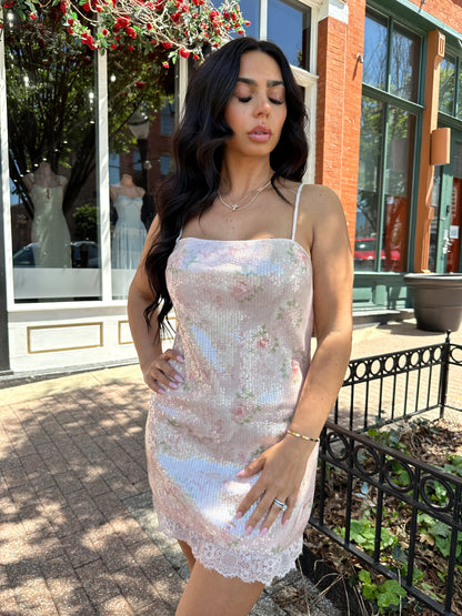 Cecelia Blush Floral Sequin Mini Dress