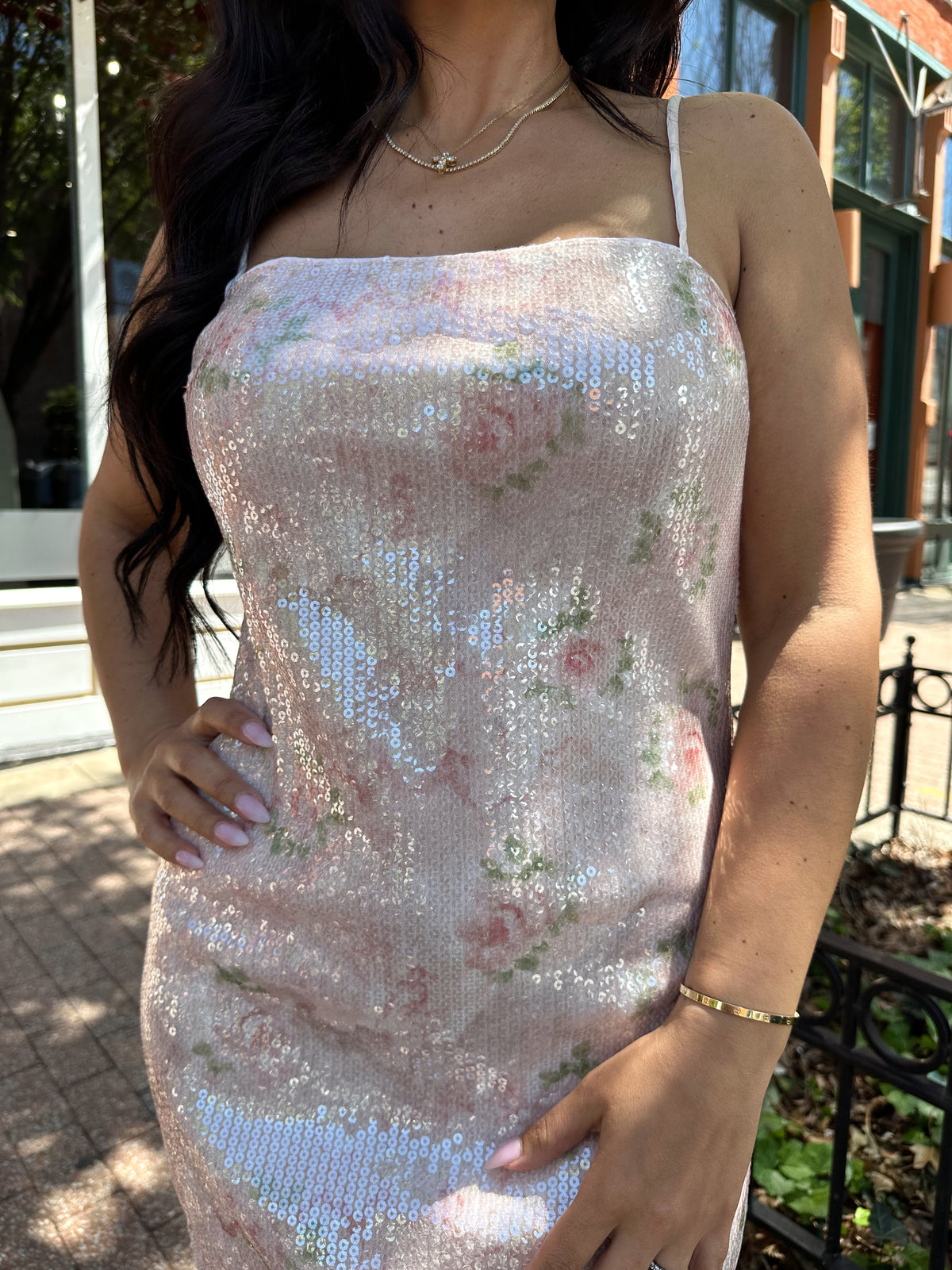 Cecelia Blush Floral Sequin Mini Dress