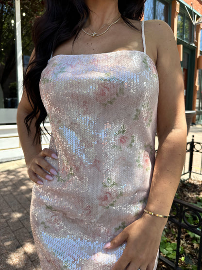 Cecelia Blush Floral Sequin Mini Dress