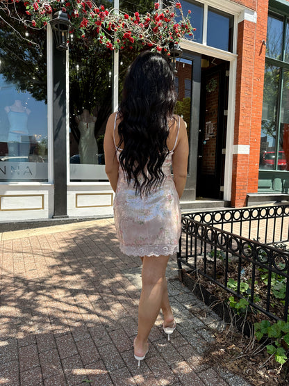 Cecelia Blush Floral Sequin Mini Dress