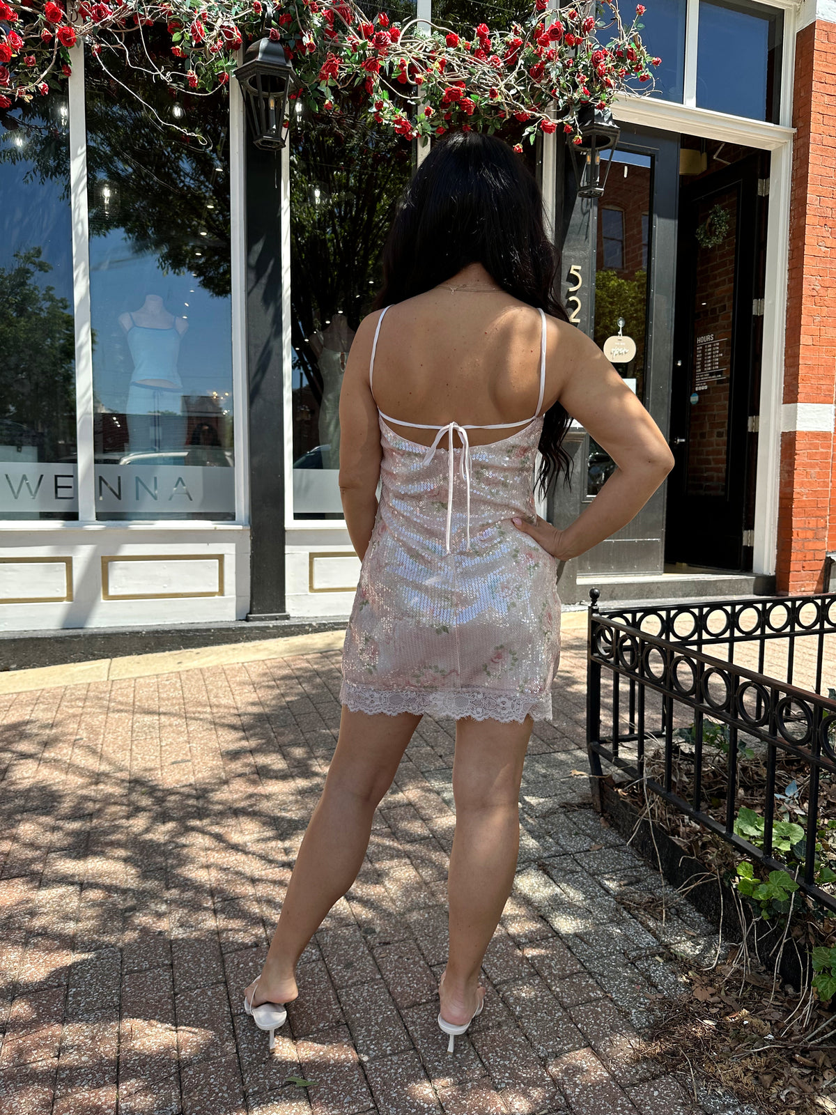 Cecelia Blush Floral Sequin Mini Dress