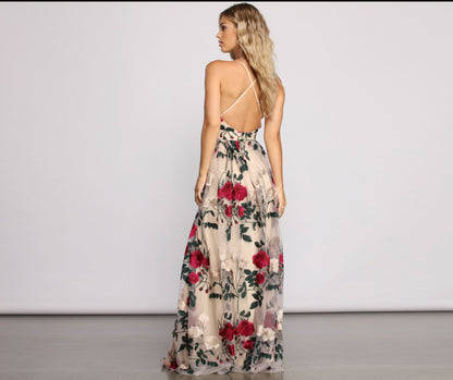 Charena Formal Embroidered Floral Tulle Dress