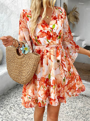 Molly Ruffle Floral Wrap Mini Dress - orange