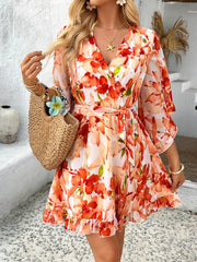 Molly Ruffle Floral Wrap Mini Dress - orange