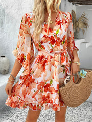 Molly Ruffle Floral Wrap Mini Dress - orange
