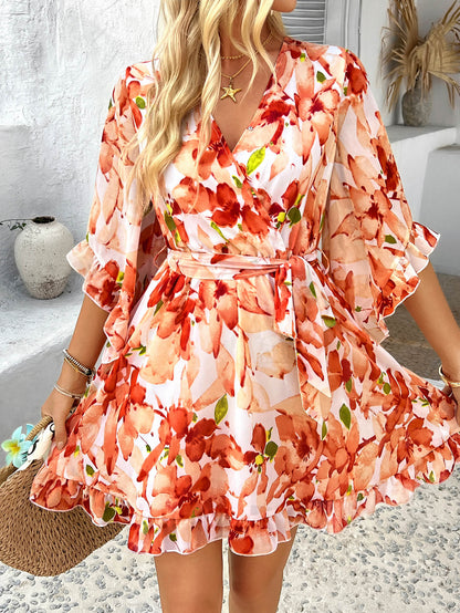 Molly Ruffle Floral Wrap Mini Dress - orange