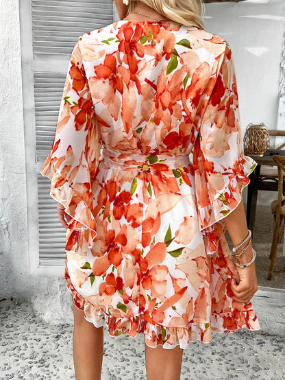 Molly Ruffle Floral Wrap Mini Dress - orange