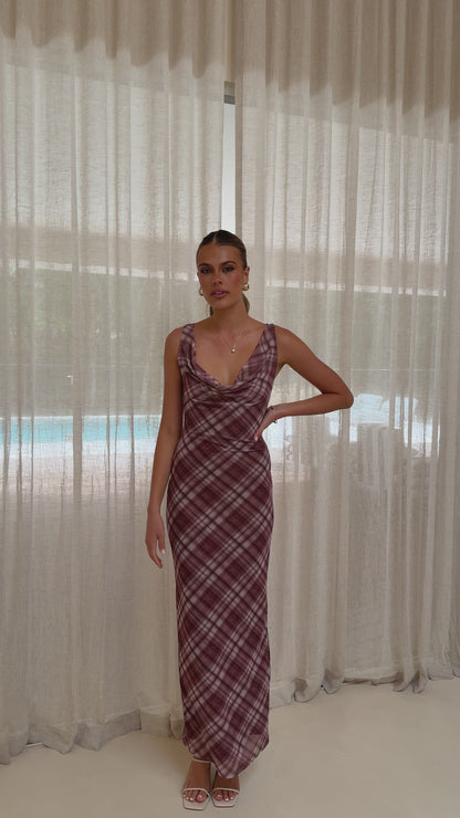 Harena Off Shoulder Maxi Dress - Brown Plaid Print