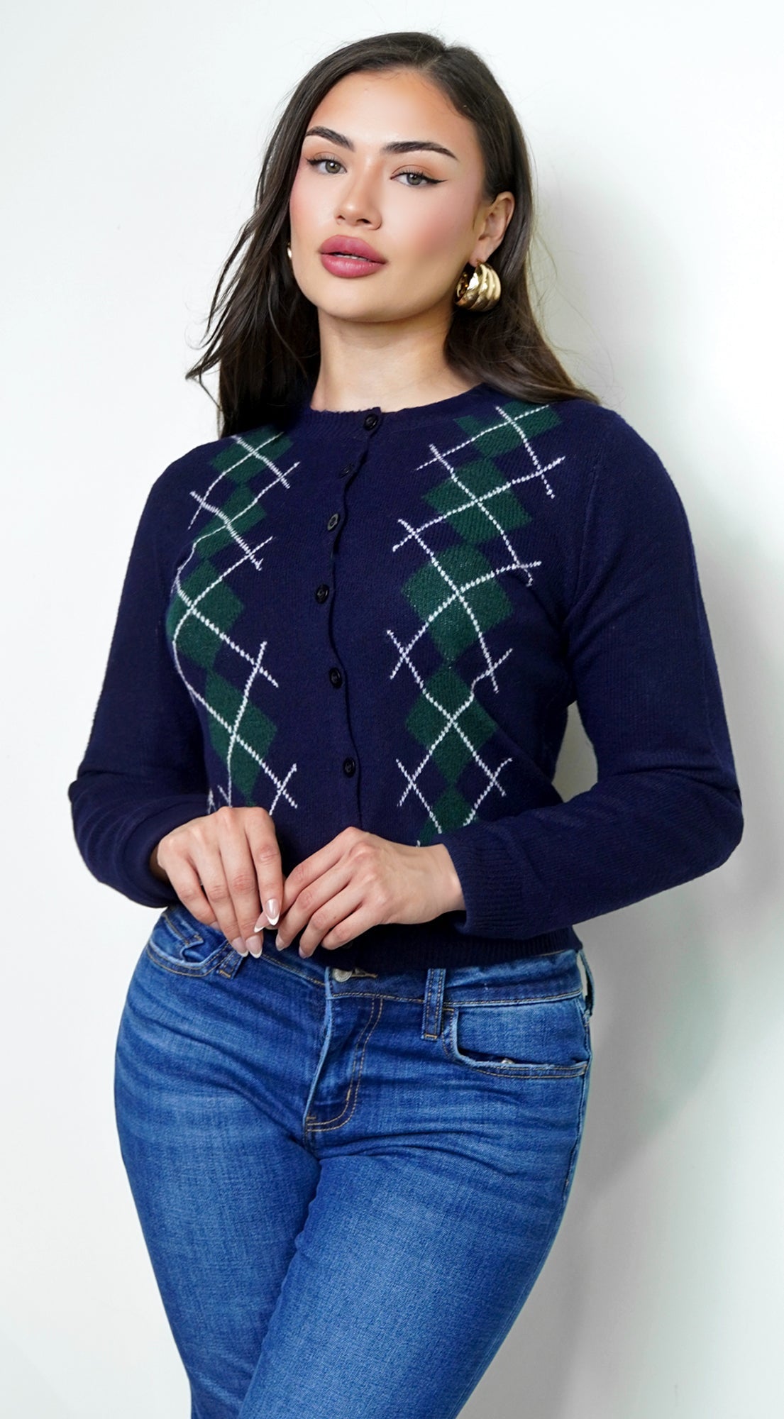 Mirex Argyle Knit Cardigan - Navy