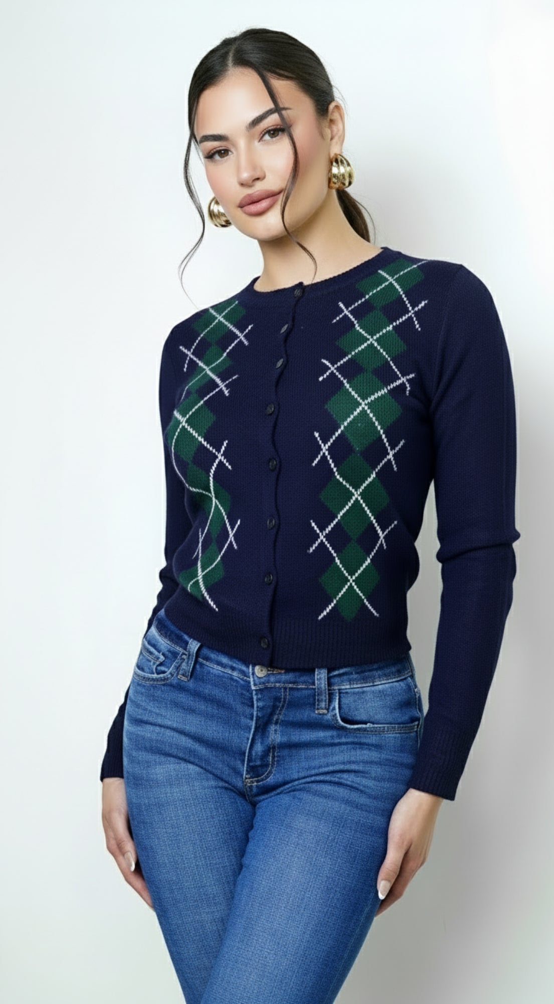 Mirex Argyle Knit Cardigan - Navy